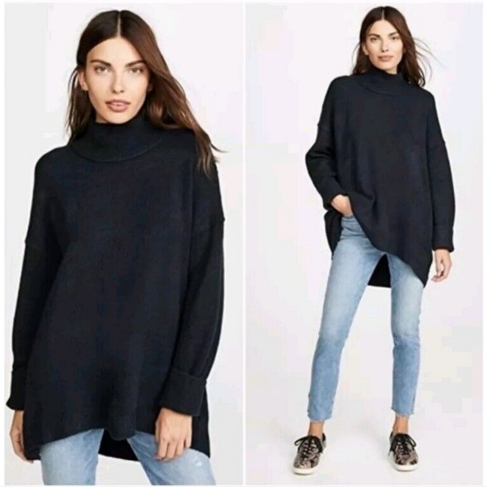 FREE PEOPLE Oversized Medium Afterglow Pullover Sweater Black Mockneck